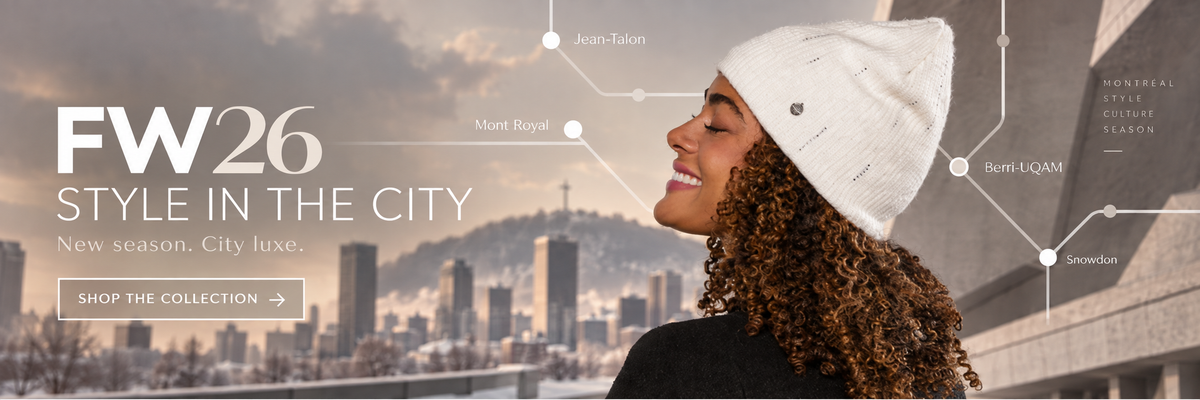 A promotional fashion banner featuring a woman in profile wearing a white knit beanie hat, with city skyline graphics and text reading 'FW26 STYLE IN THE CITY' and 'New season. City luxe.